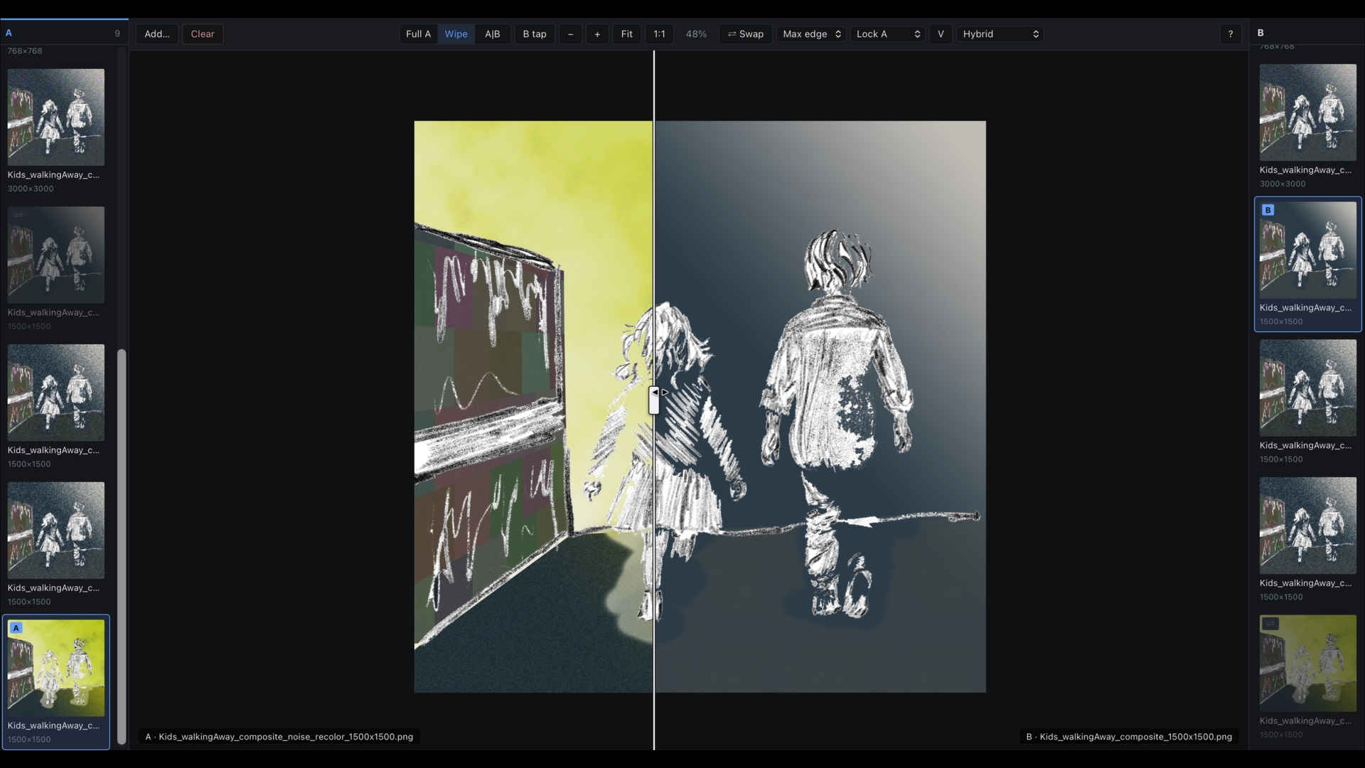 Image Compare Workbench, two click-rails over one image pool